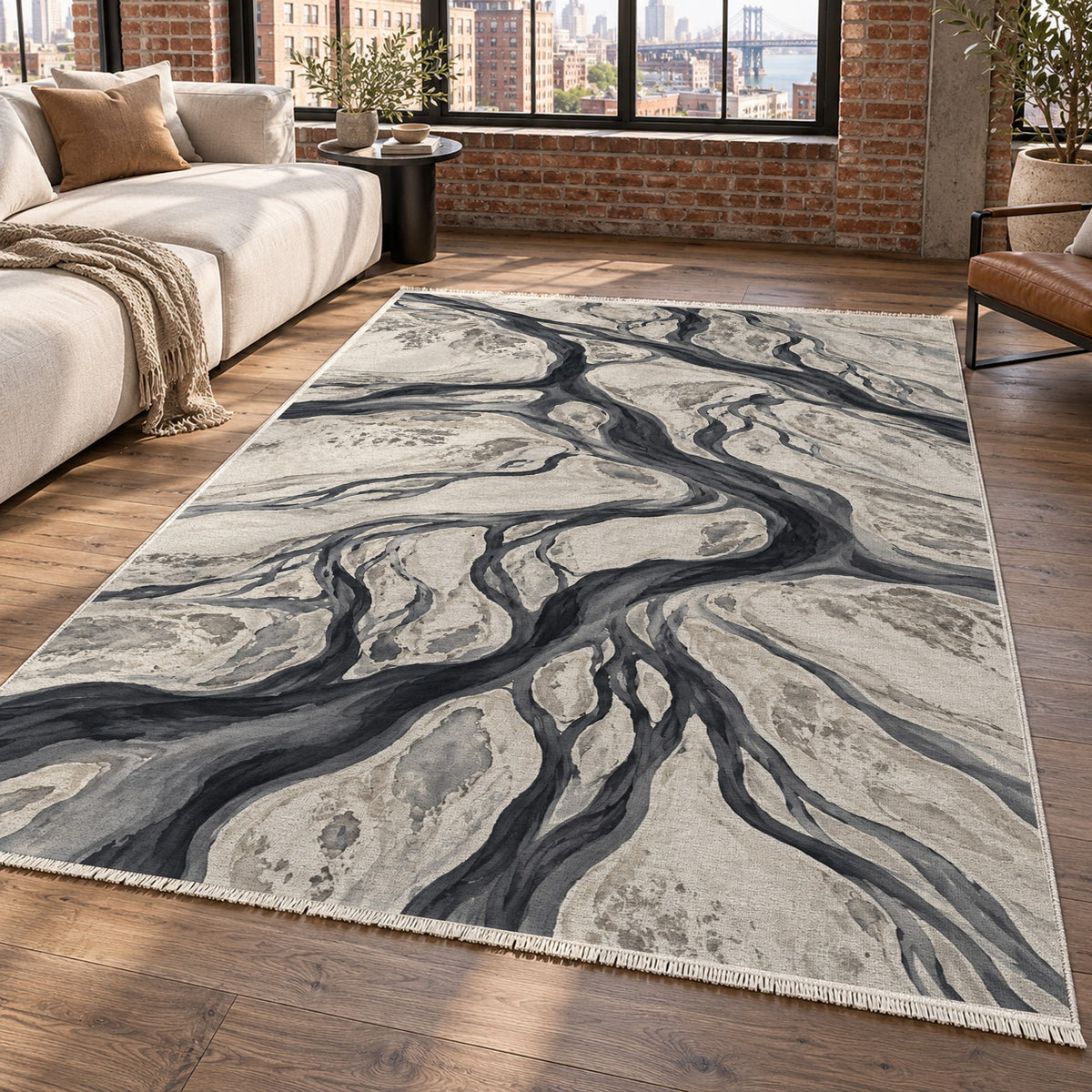 Braided Channels Charcoal Abstract Washable Rug — new york living