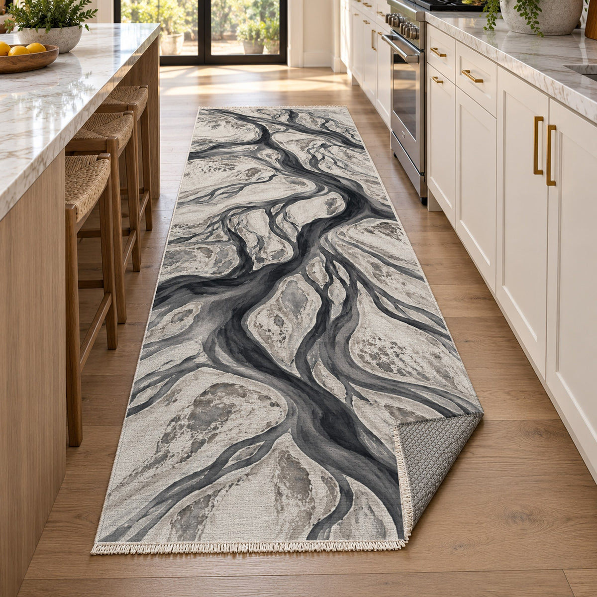 Braided Channels Charcoal Abstract Washable Rug — new york kitchen runner