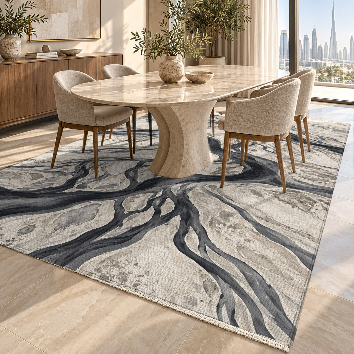 Braided Channels Charcoal Abstract Washable Rug — dubai dining