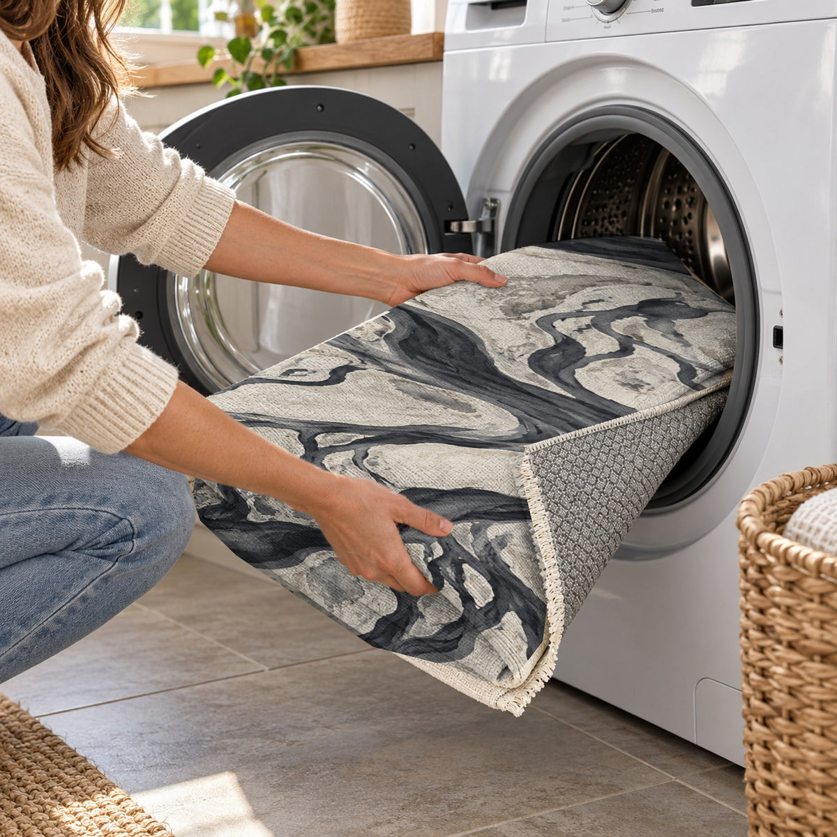 Braided Channels Charcoal Abstract Washable Rug — washing machine