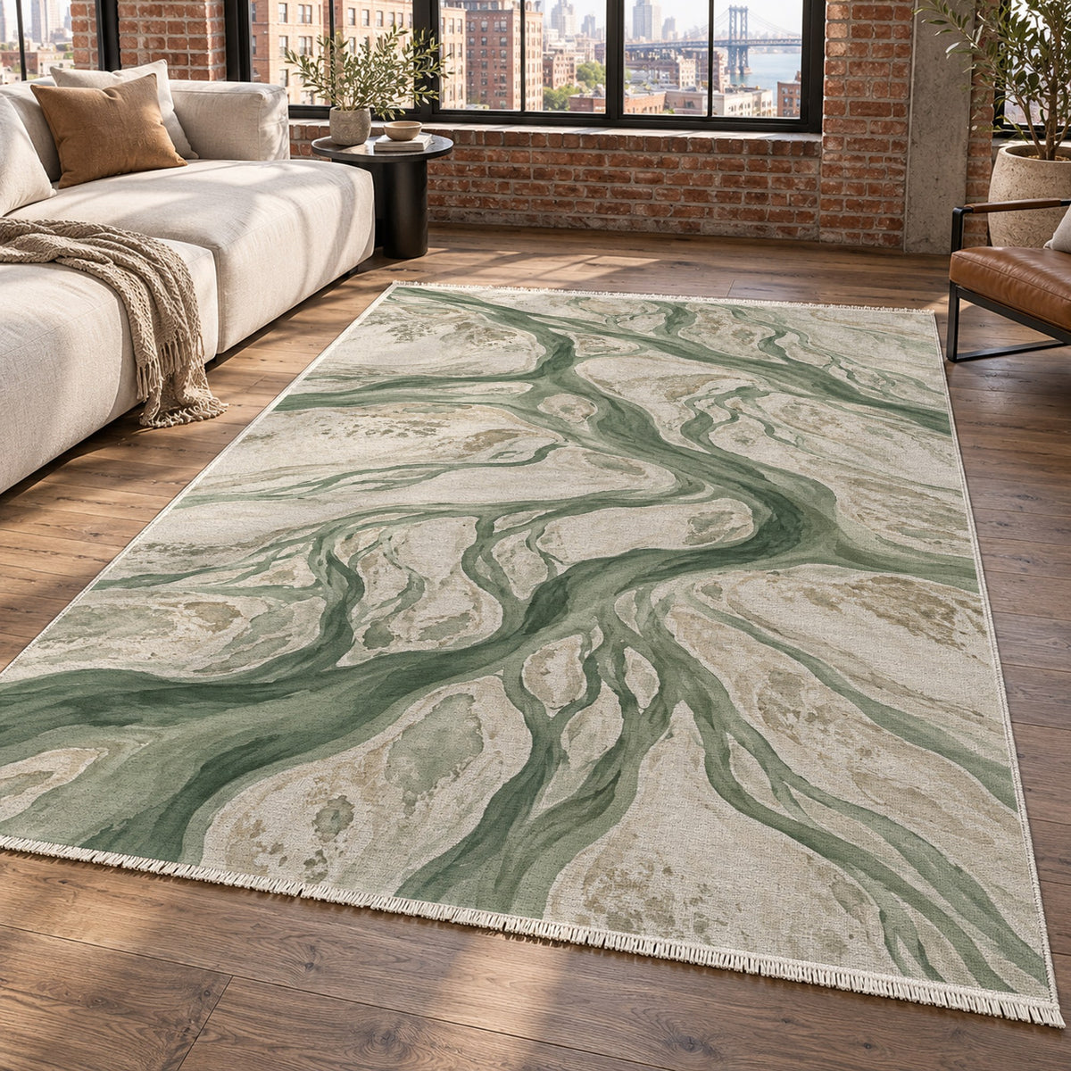 Braided Channels Sage Abstract Washable Rug — new york living