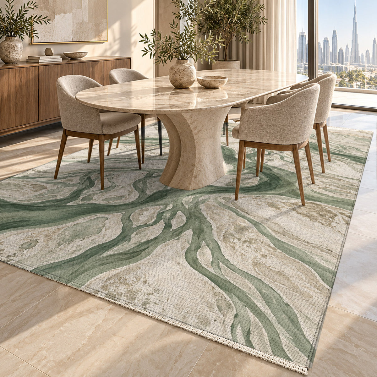 Braided Channels Sage Abstract Washable Rug — dubai dining