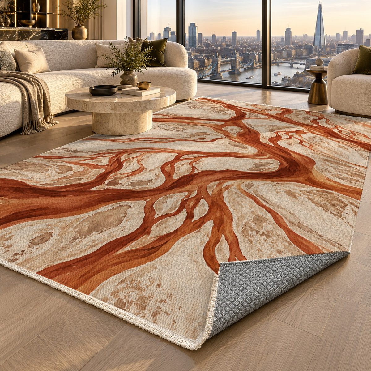 Braided Channels Terracotta Abstract Washable Rug — london luxury living