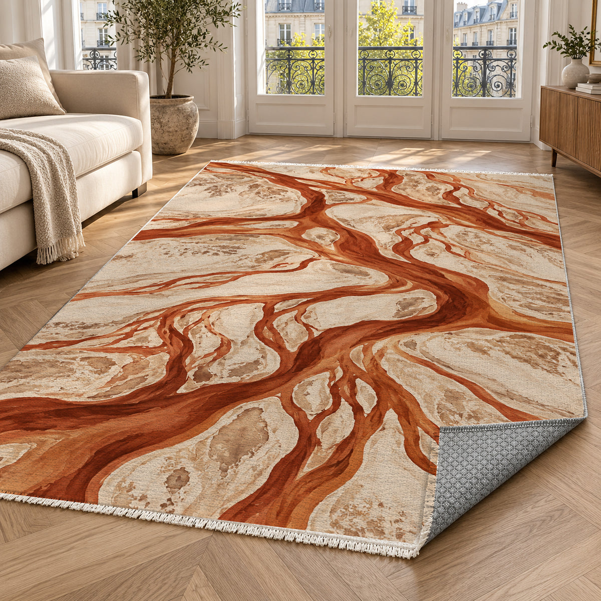 Braided Channels Terracotta Abstract Washable Rug — paris living