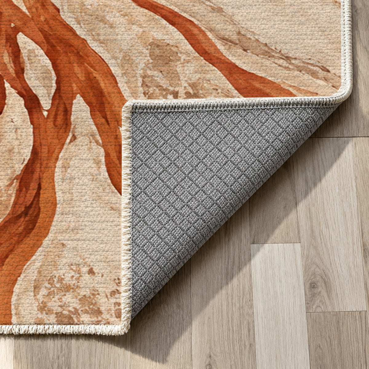 Braided Channels Terracotta Abstract Washable Rug — backing close up