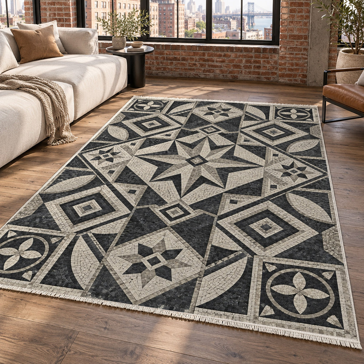 Byzantine Geometry Charcoal Geometric Washable Rug — new york living