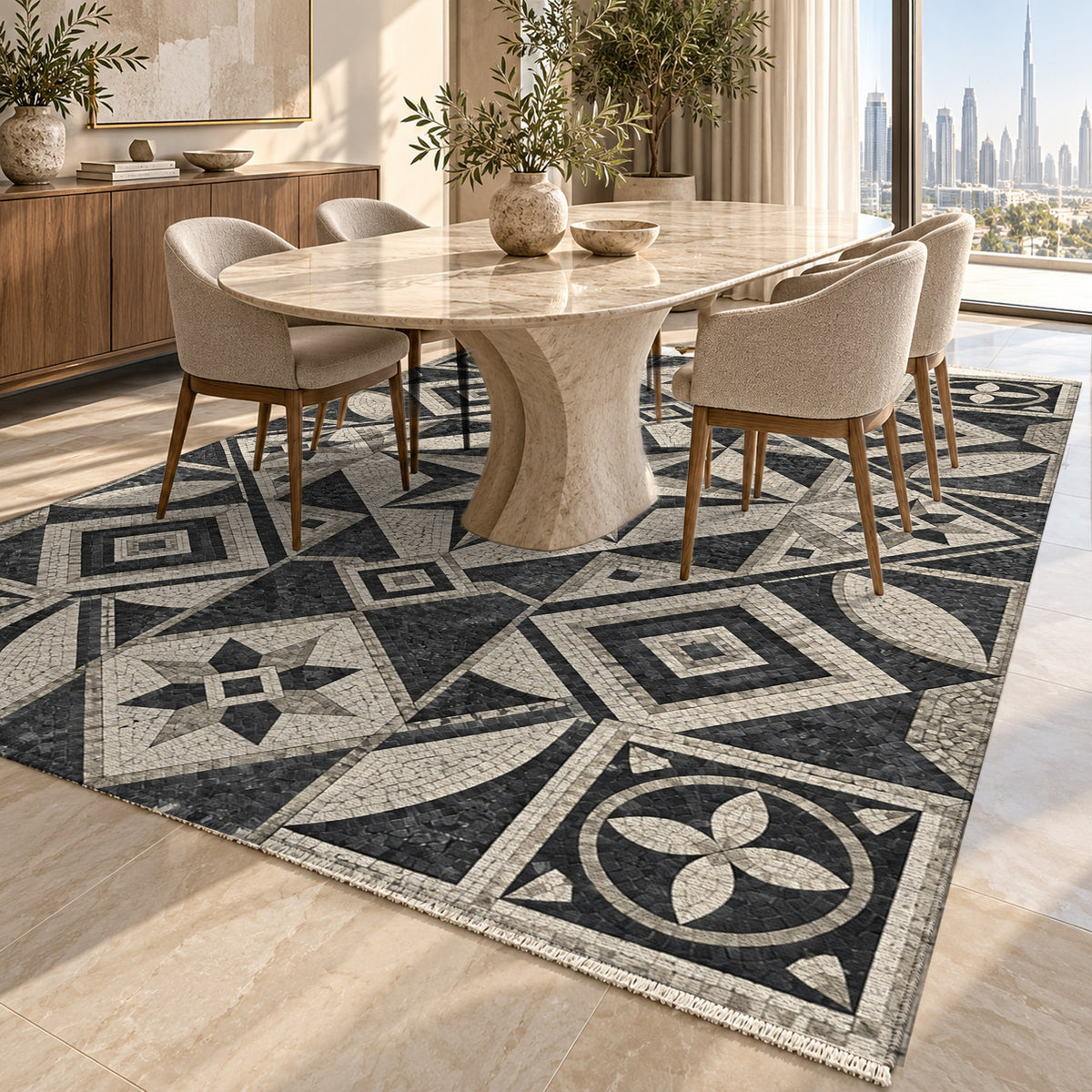 Byzantine Geometry Charcoal Geometric Washable Rug — dubai dining