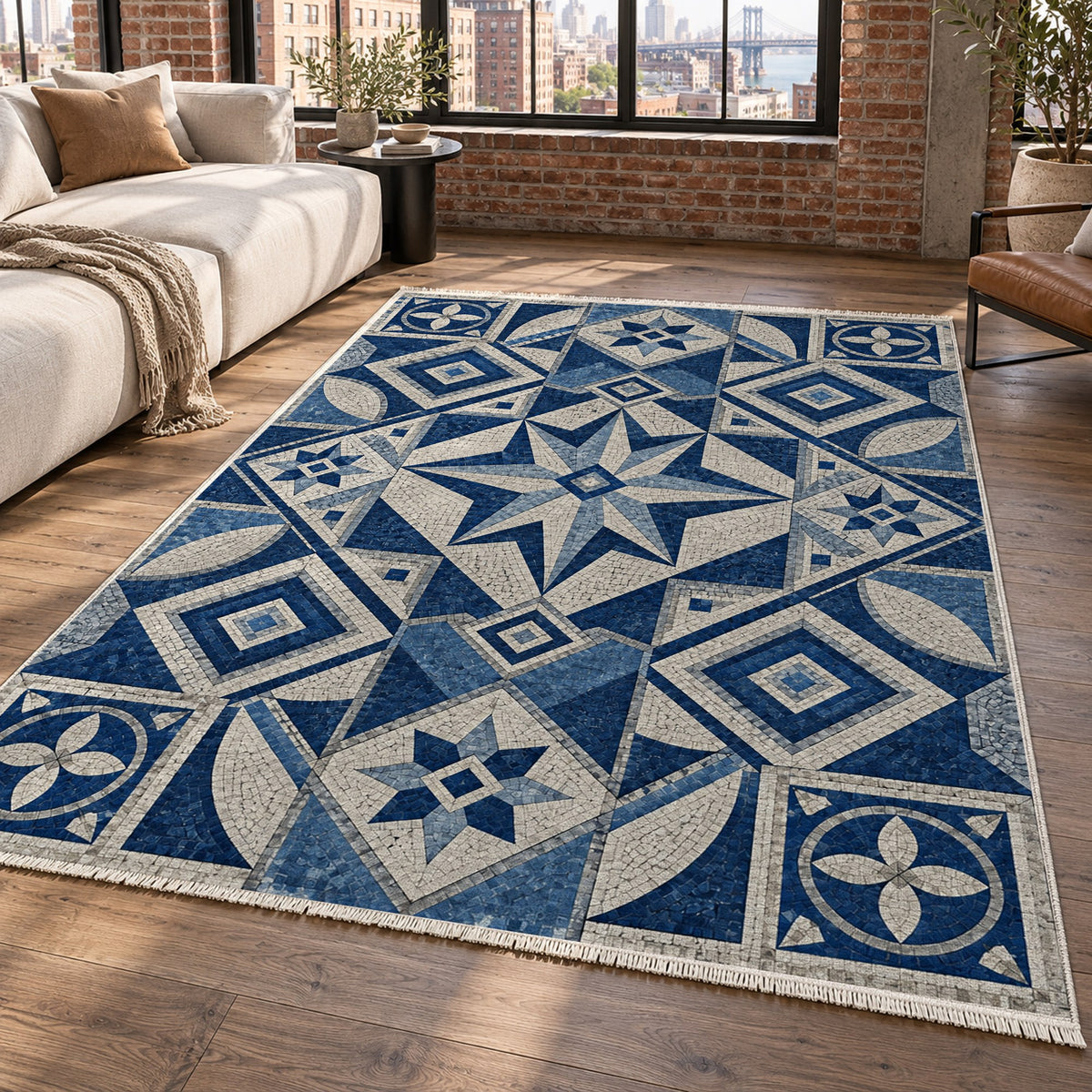 Byzantine Geometry Indigo Geometric Washable Rug — new york living