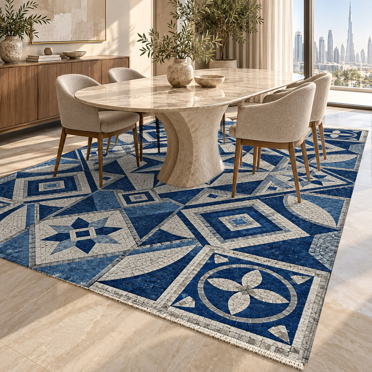 Byzantine Geometry Indigo Geometric Washable Rug — dubai dining