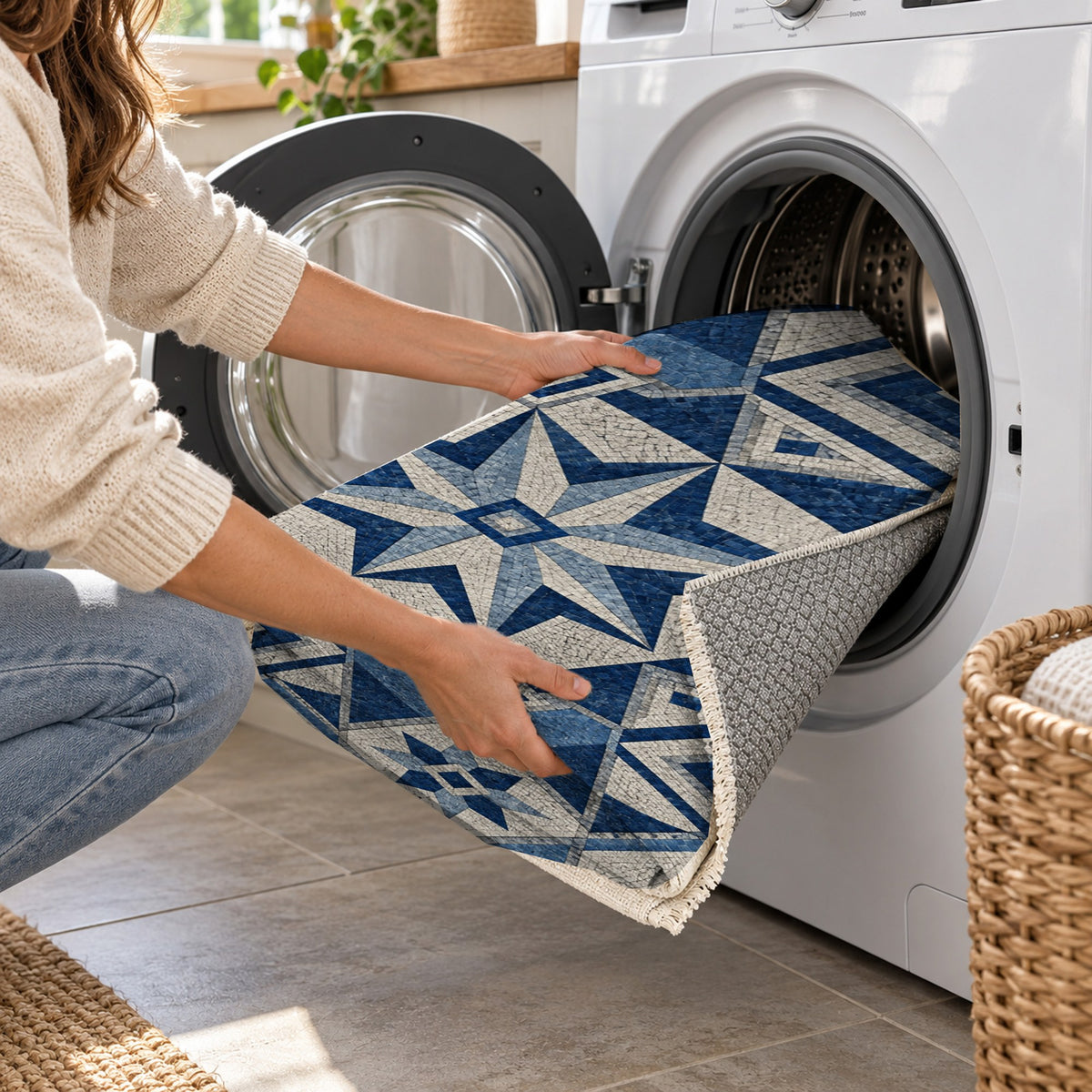 Byzantine Geometry Indigo Geometric Washable Rug — washing machine