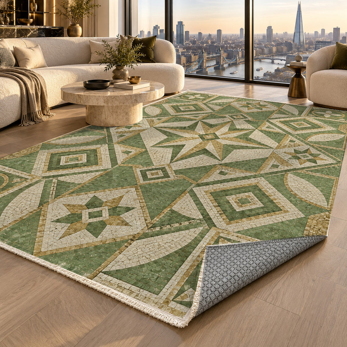 Byzantine Geometry Sage Geometric Washable Rug — london luxury living