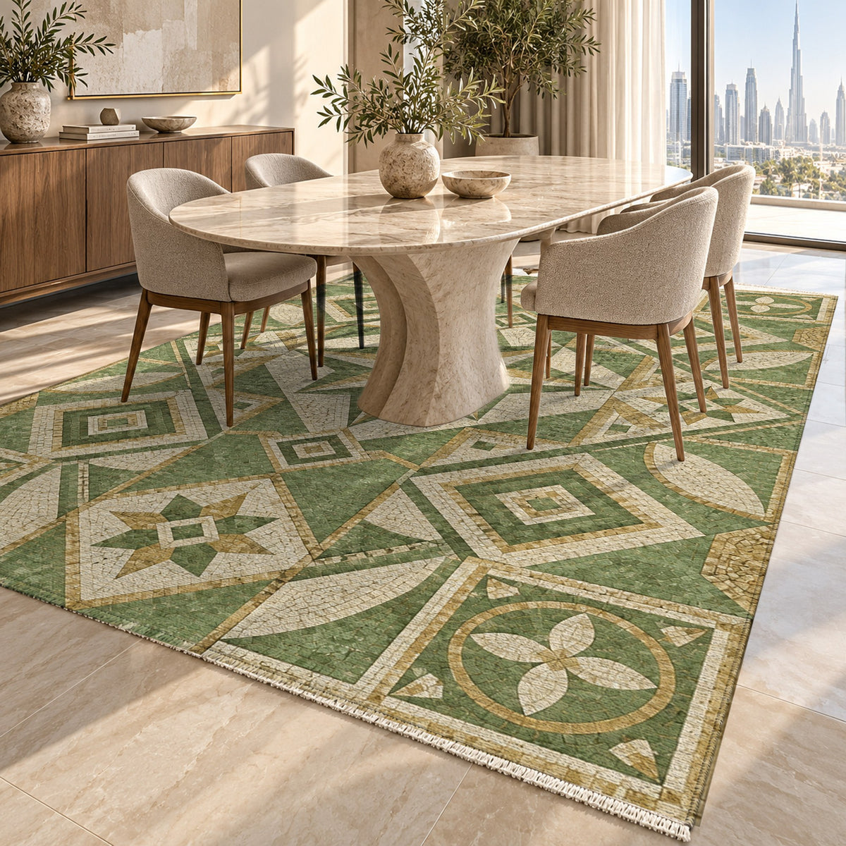 Byzantine Geometry Sage Geometric Washable Rug — dubai dining