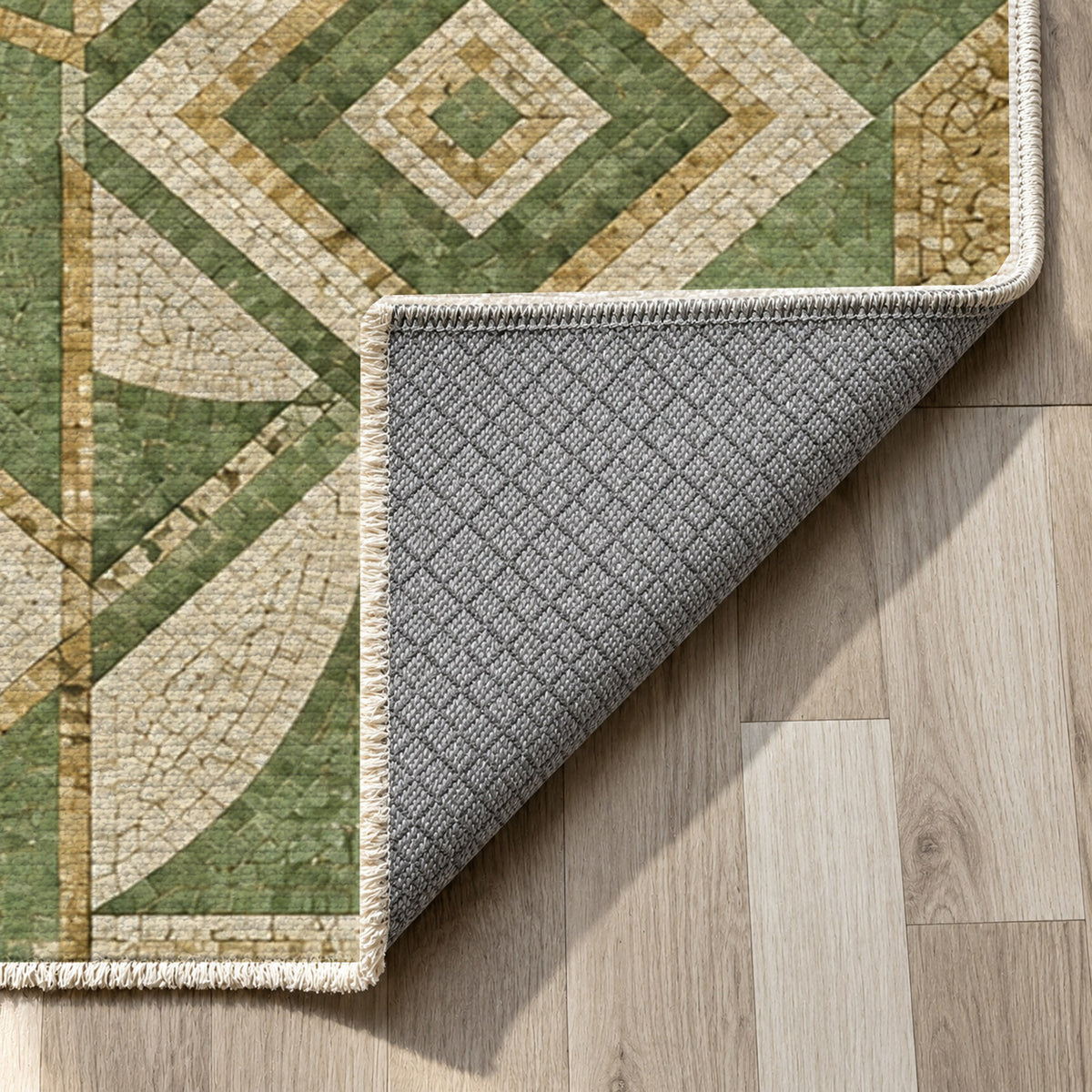 Byzantine Geometry Sage Geometric Washable Rug — backing close up