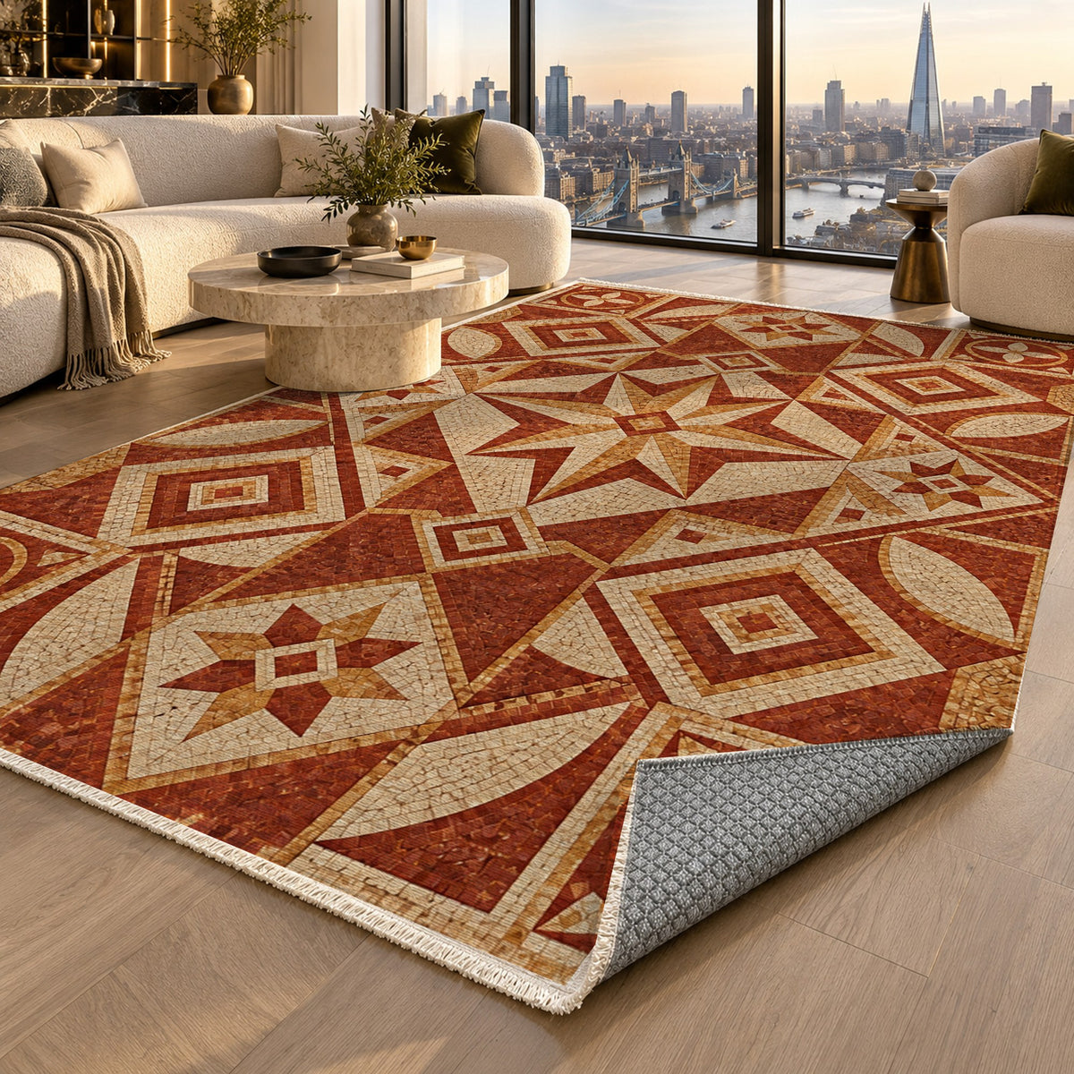 Byzantine Geometry Terracotta Geometric Washable Rug — london luxury living