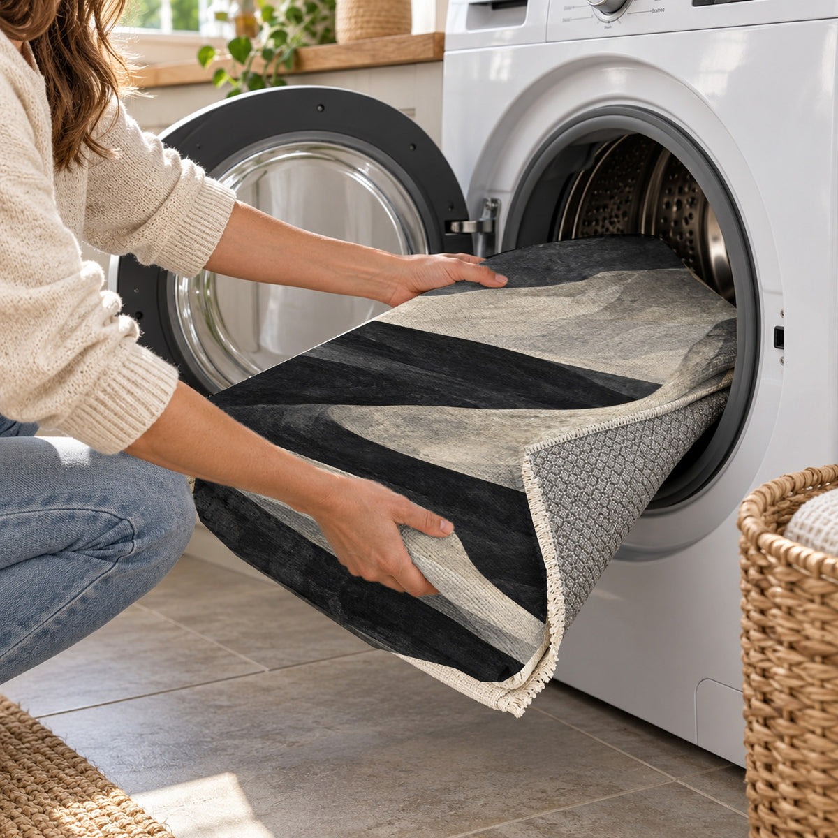 Canyon Shadows Charcoal Modern Washable Rug — washing machine