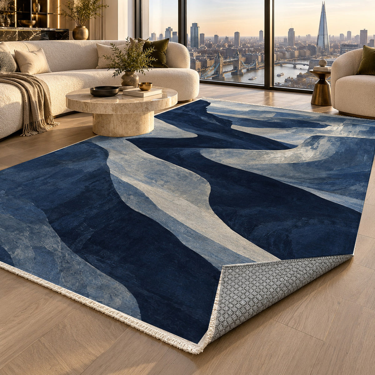 Canyon Shadows Indigo Modern Washable Rug — london luxury living