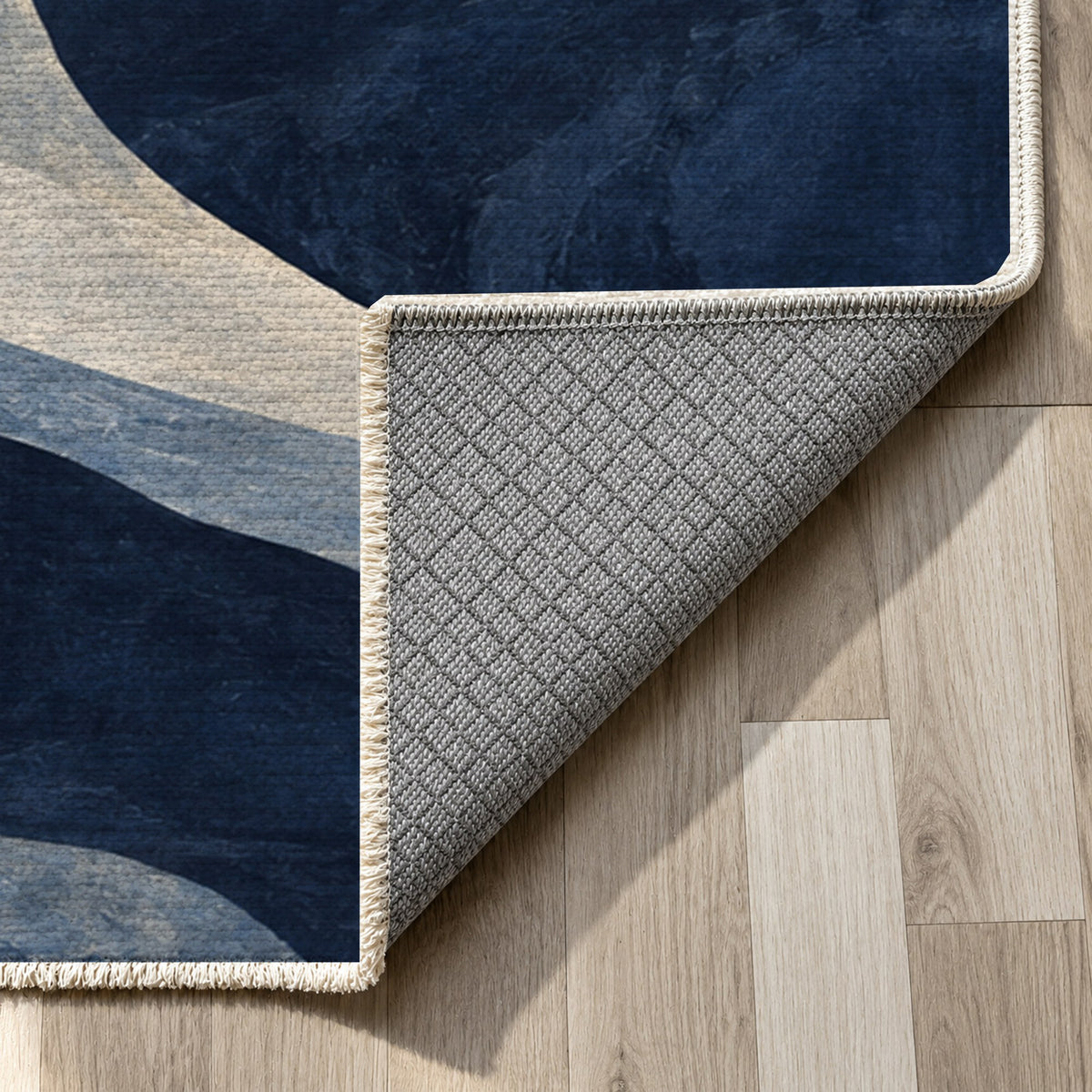 Canyon Shadows Indigo Modern Washable Rug — backing close up