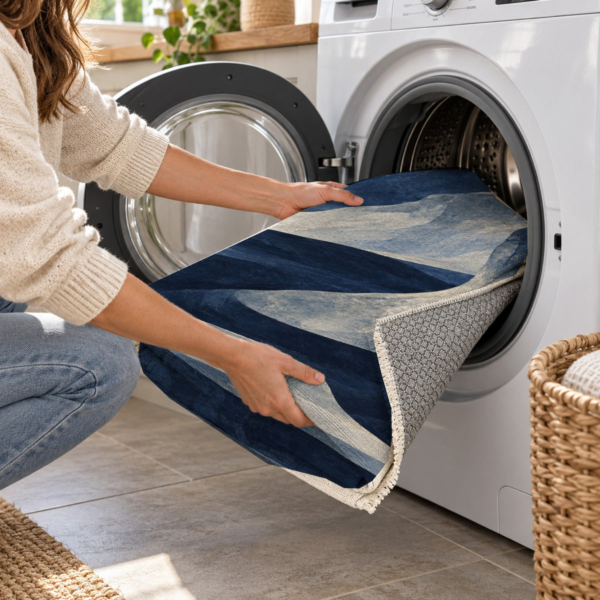 Canyon Shadows Indigo Modern Washable Rug — washing machine
