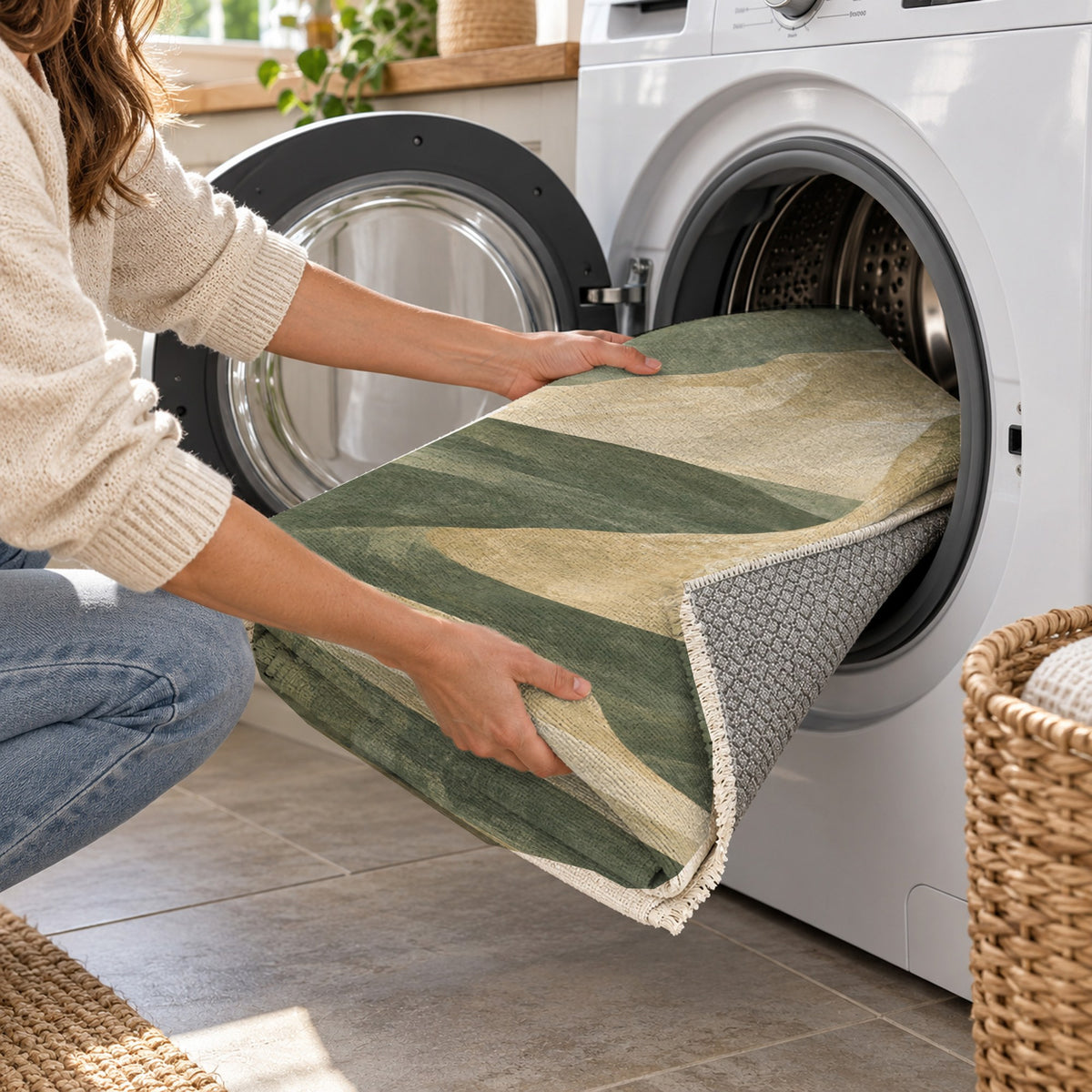 Canyon Shadows Sage Modern Washable Rug — washing machine