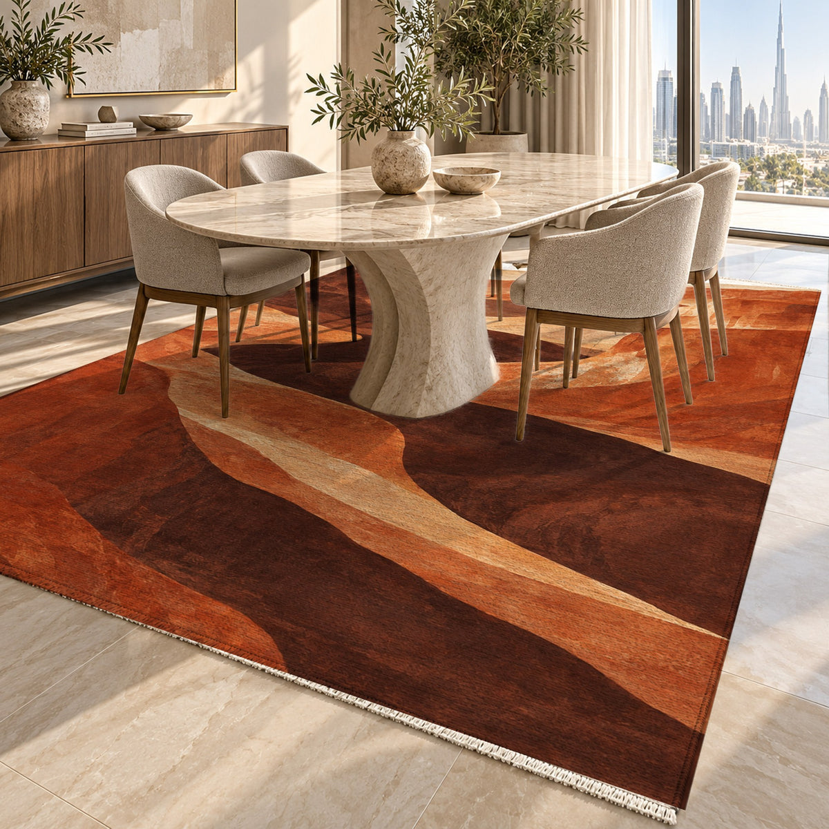 Canyon Shadows Terracotta Modern Washable Rug — dubai dining