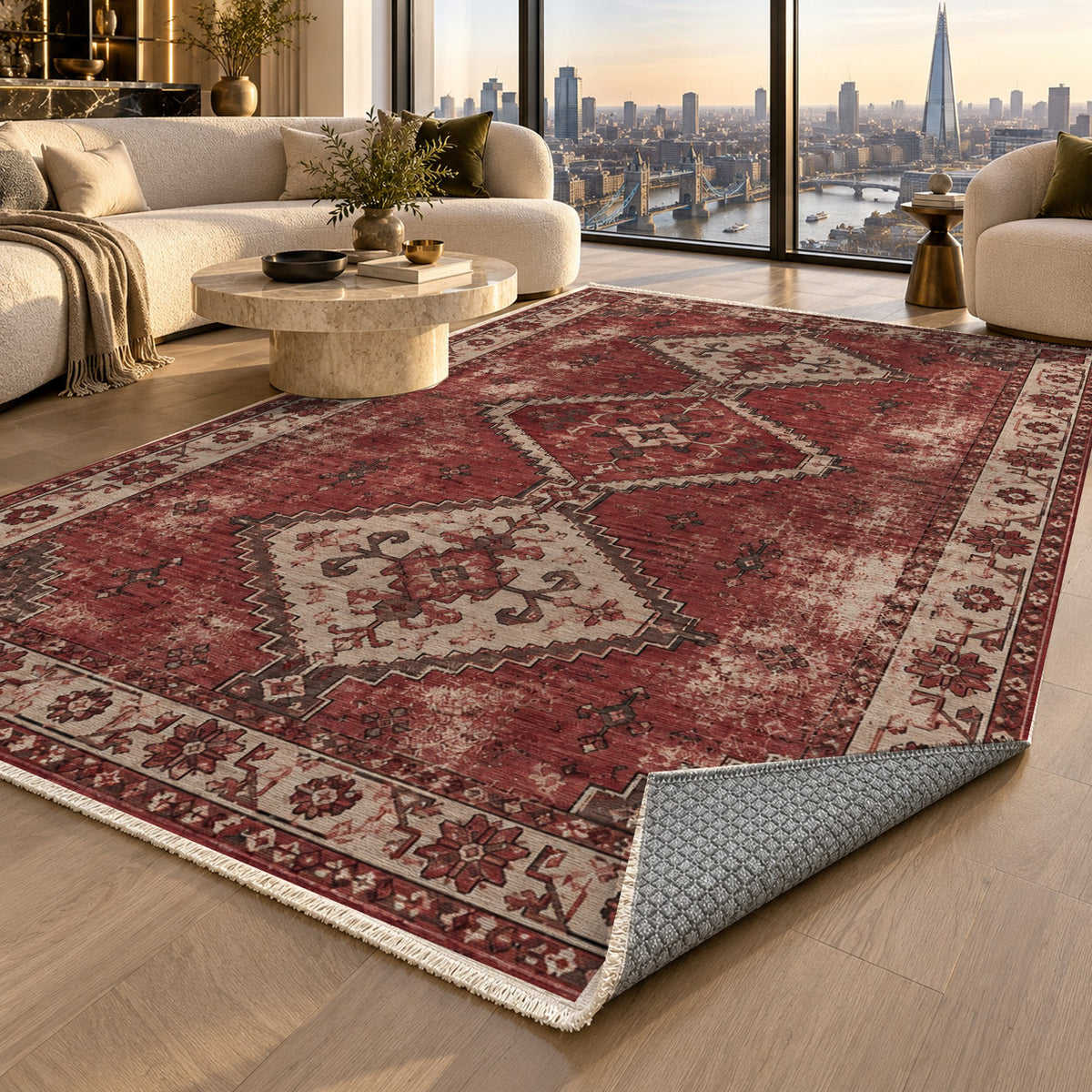 Caravan Fragments Burgundy Red Vintage Washable Rug — london luxury living