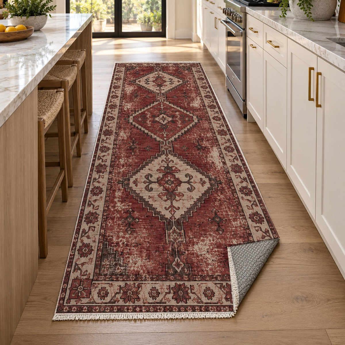 Caravan Fragments Burgundy Red Vintage Washable Rug — new york kitchen runner