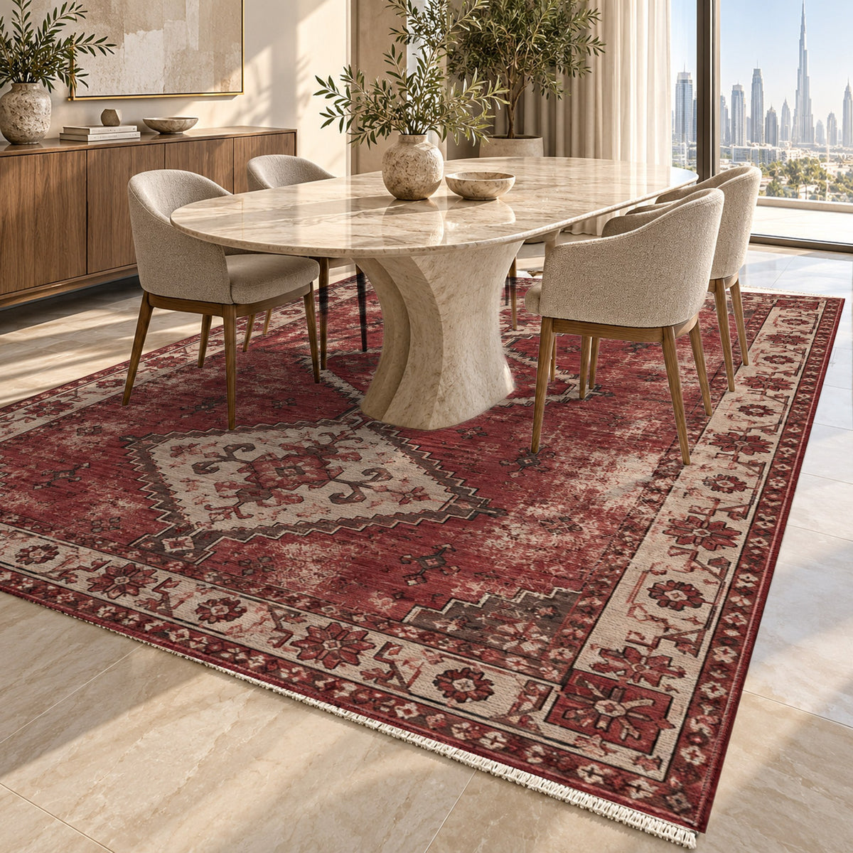 Caravan Fragments Burgundy Red Vintage Washable Rug — dubai dining