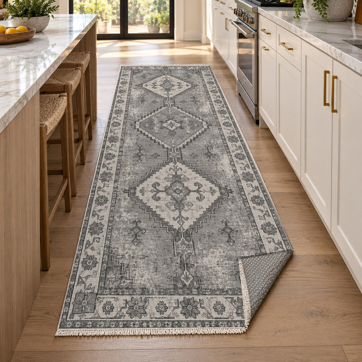 Caravan Fragments Charcoal Silver Vintage Washable Rug — new york kitchen runner