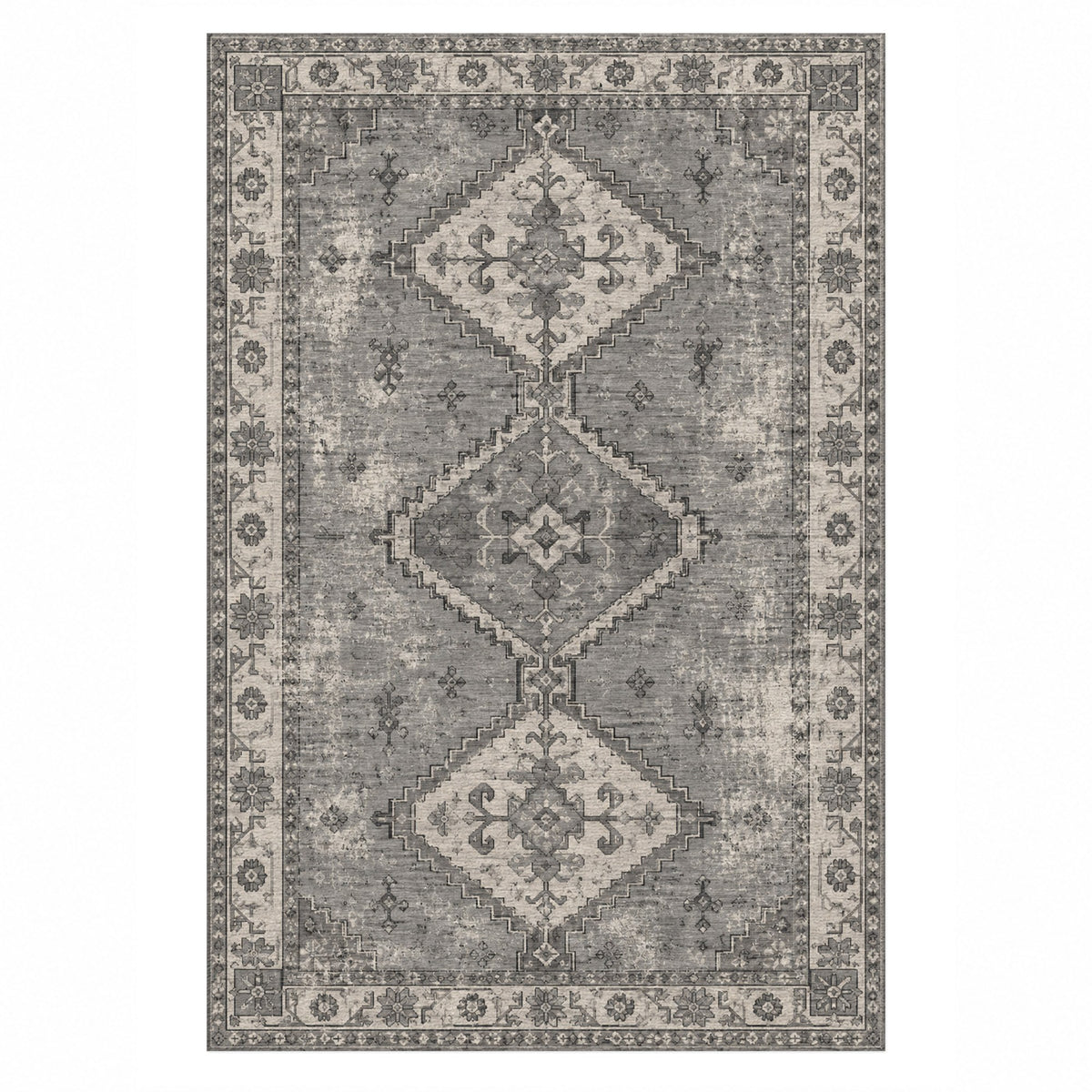Caravan Fragments Charcoal Silver Vintage Washable Rug — top view