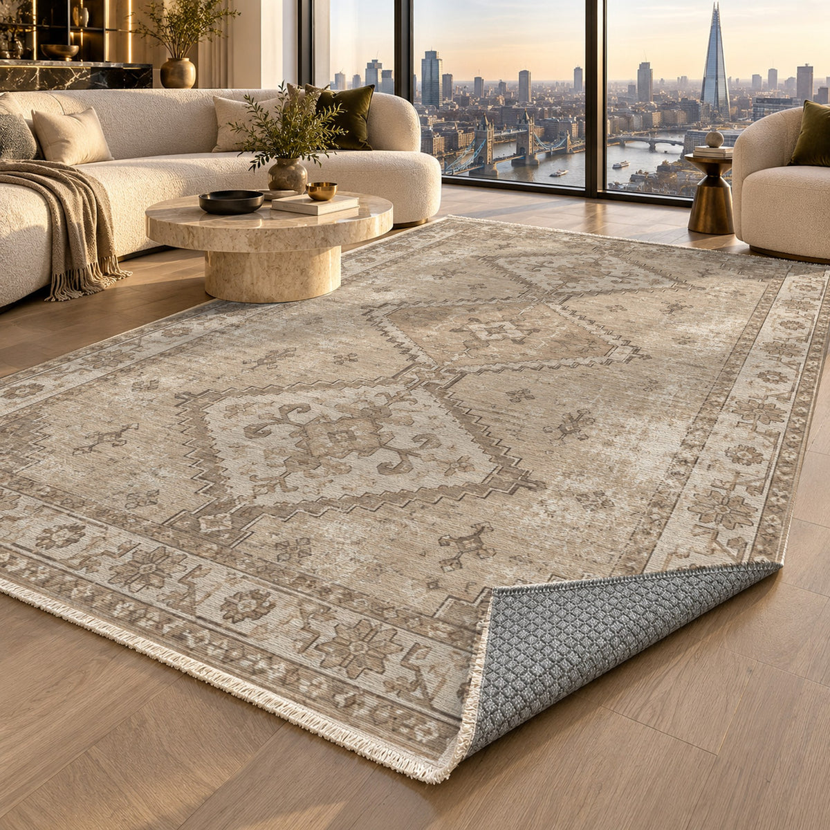 Caravan Fragments Ivory Taupe Vintage Washable Rug — london luxury living