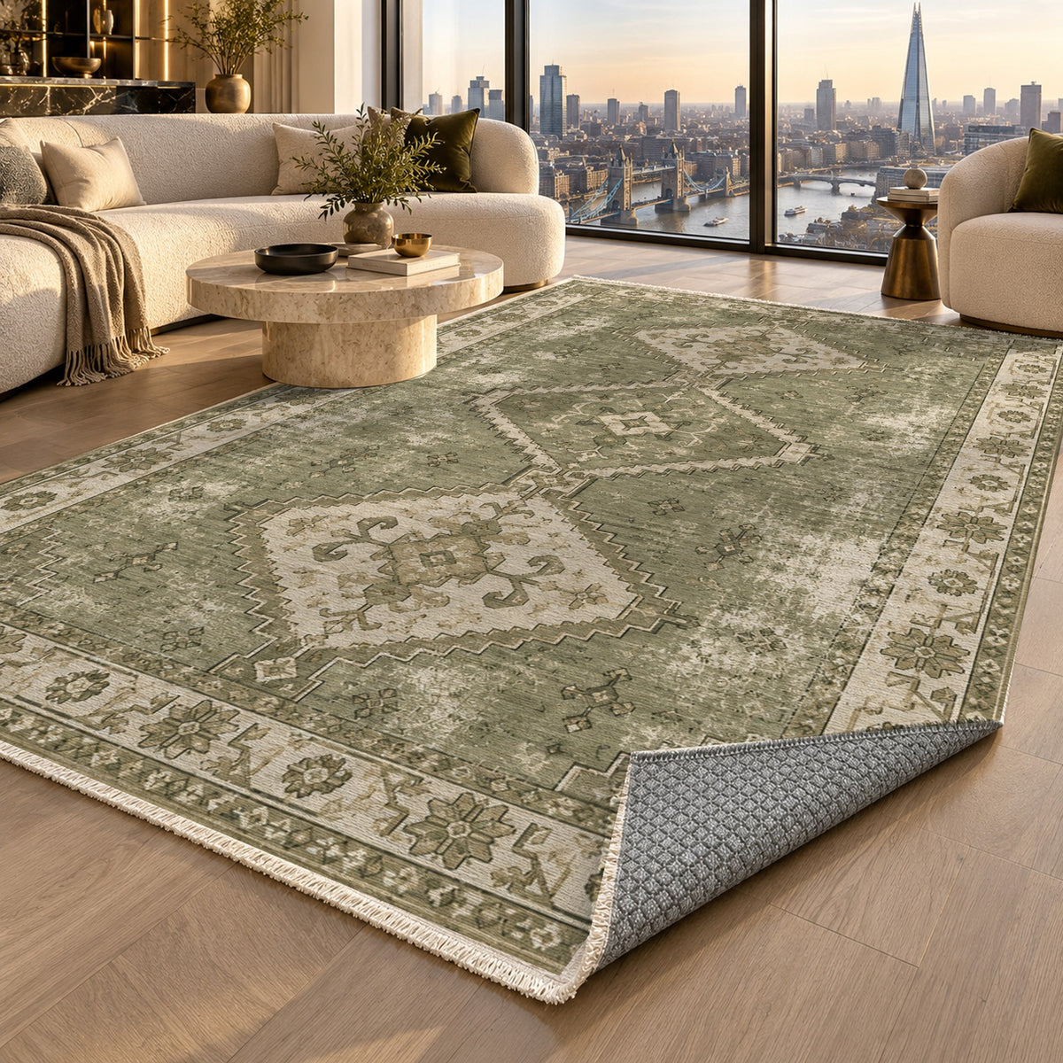 Caravan Fragments Olive Green Vintage Washable Rug — london luxury living