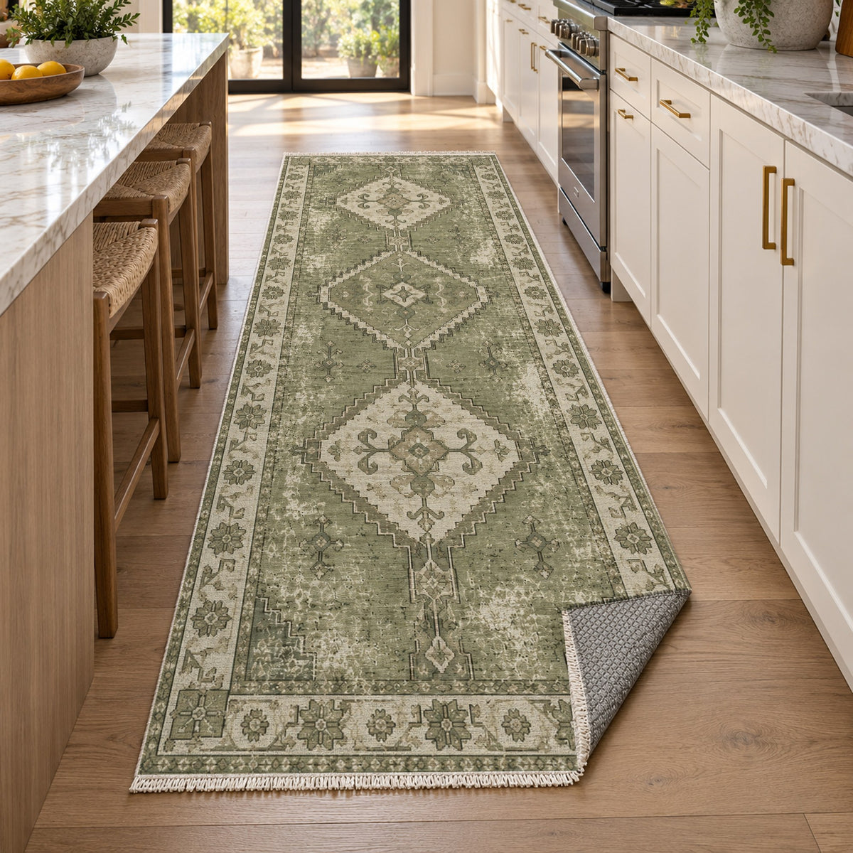 Caravan Fragments Olive Green Vintage Washable Rug — new york kitchen runner