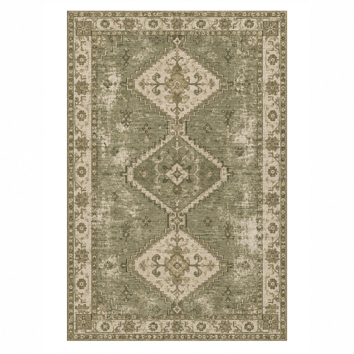 Caravan Fragments Olive Green Vintage Washable Rug — top view
