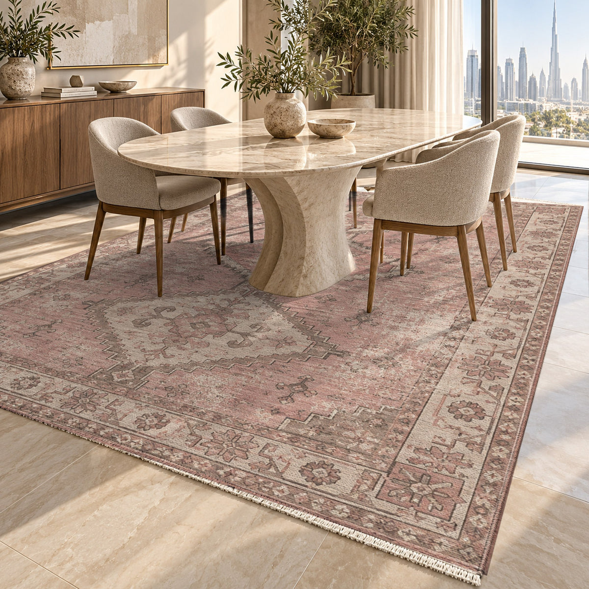 Caravan Fragments Rose Pink Vintage Washable Rug — dubai dining