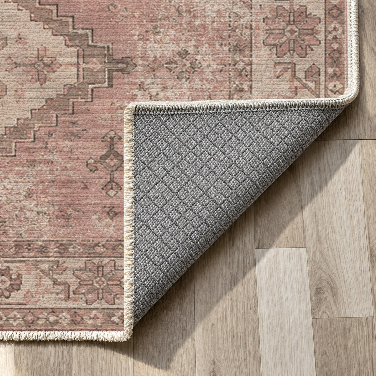 Caravan Fragments Rose Pink Vintage Washable Rug — backing close up