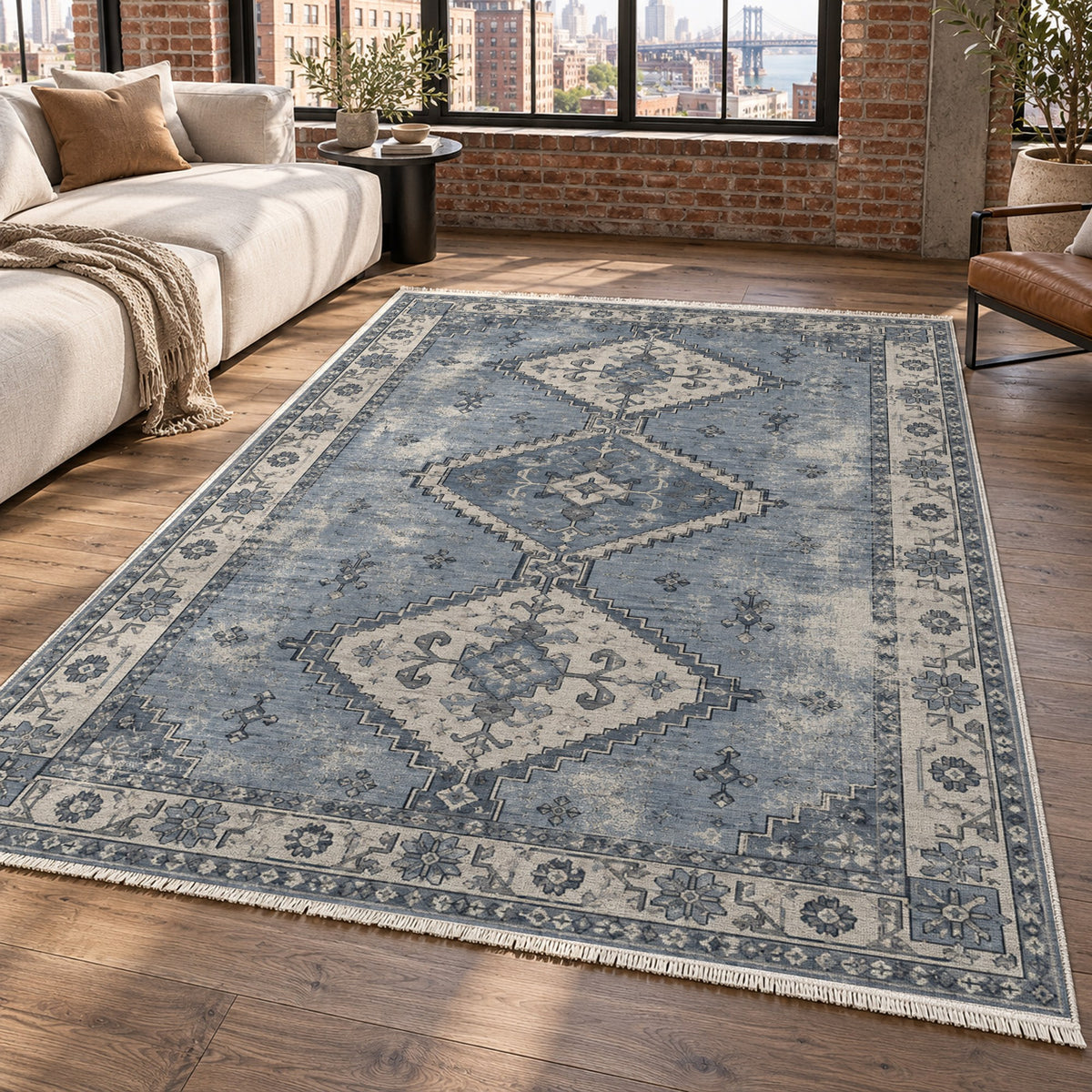 Caravan Fragments Slate Blue Vintage Washable Rug — new york living