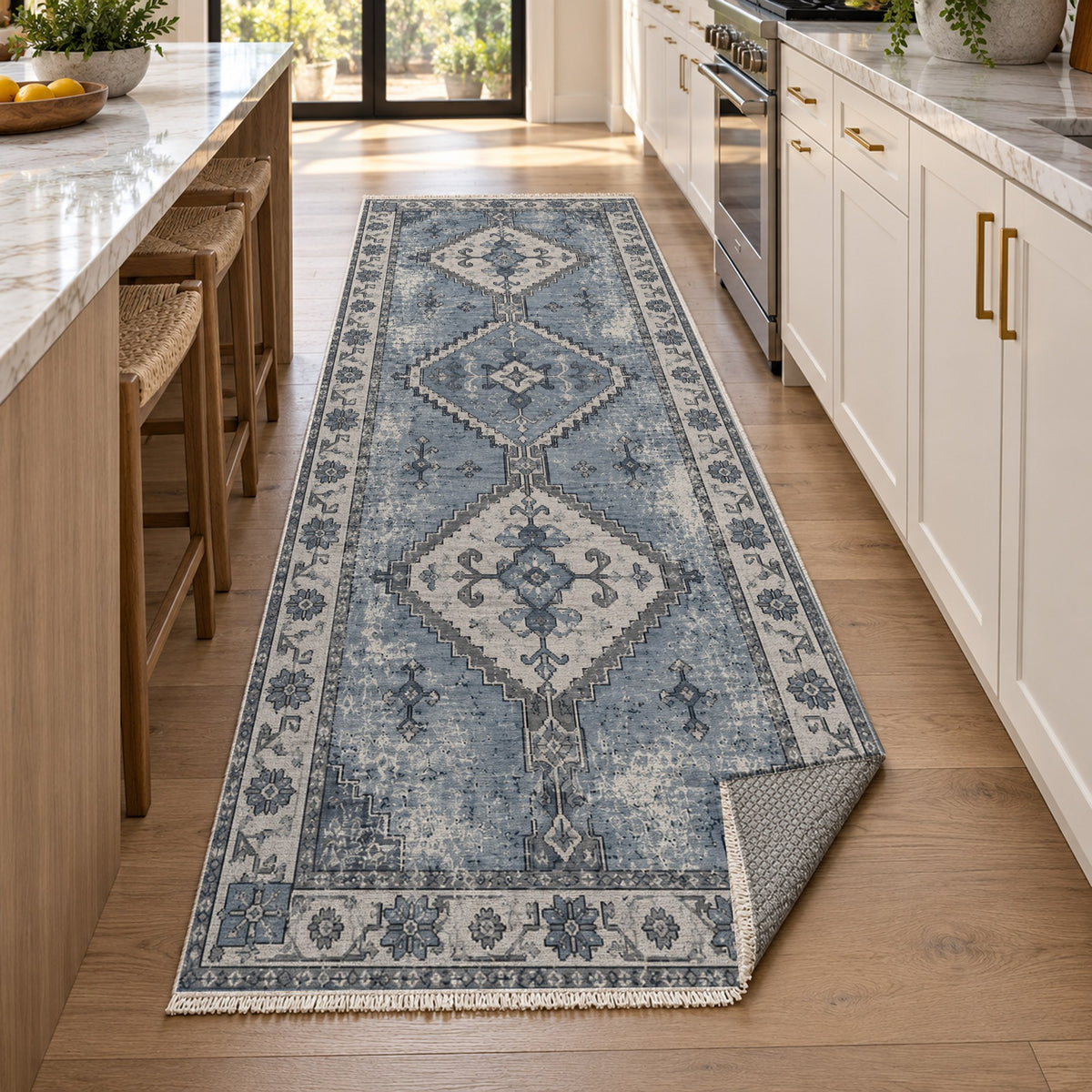 Caravan Fragments Slate Blue Vintage Washable Rug — new york kitchen runner