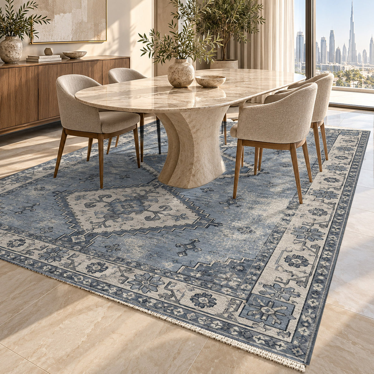 Caravan Fragments Slate Blue Vintage Washable Rug — dubai dining