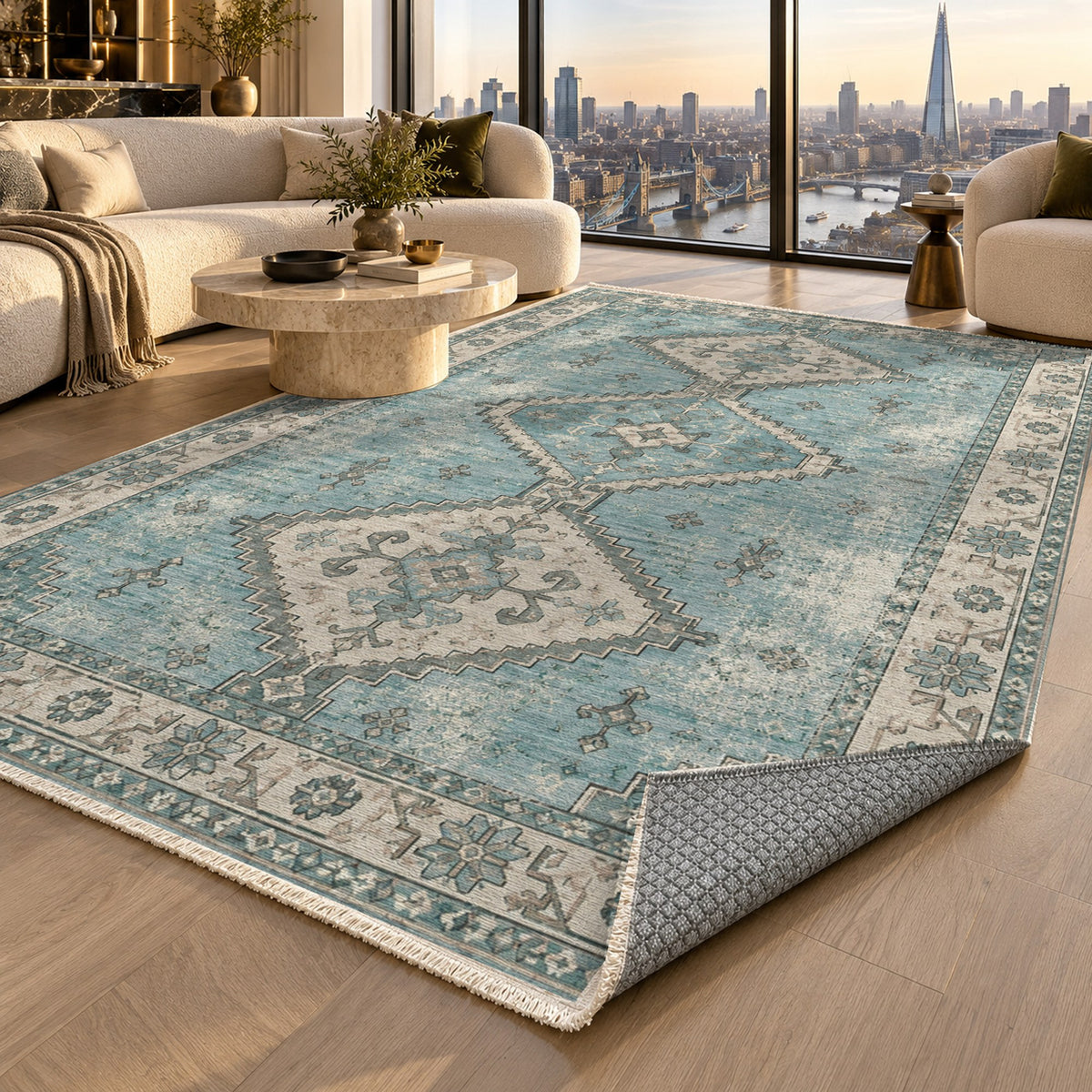Caravan Fragments Turquoise Blue Vintage Washable Rug — london luxury living