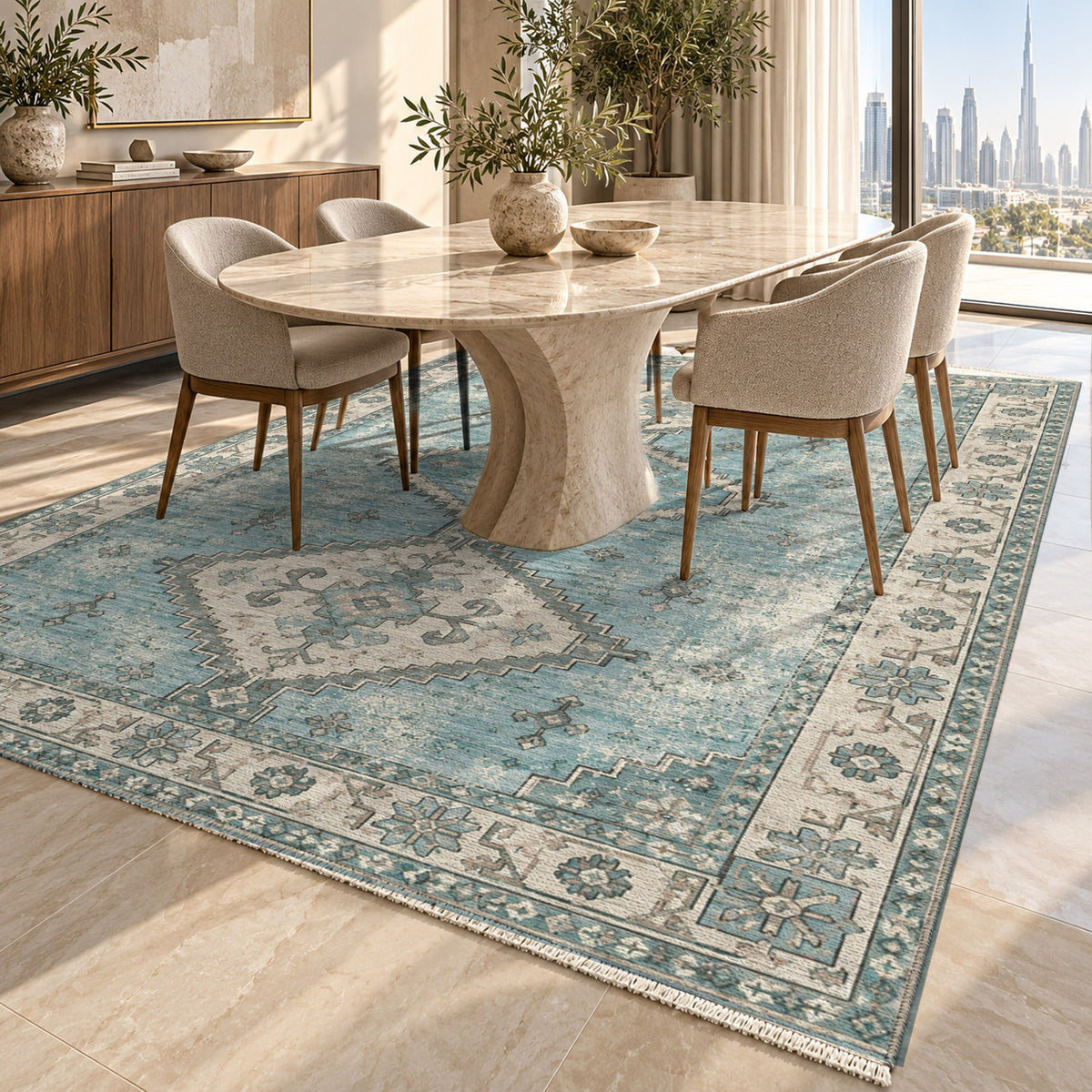 Caravan Fragments Turquoise Blue Vintage Washable Rug — dubai dining