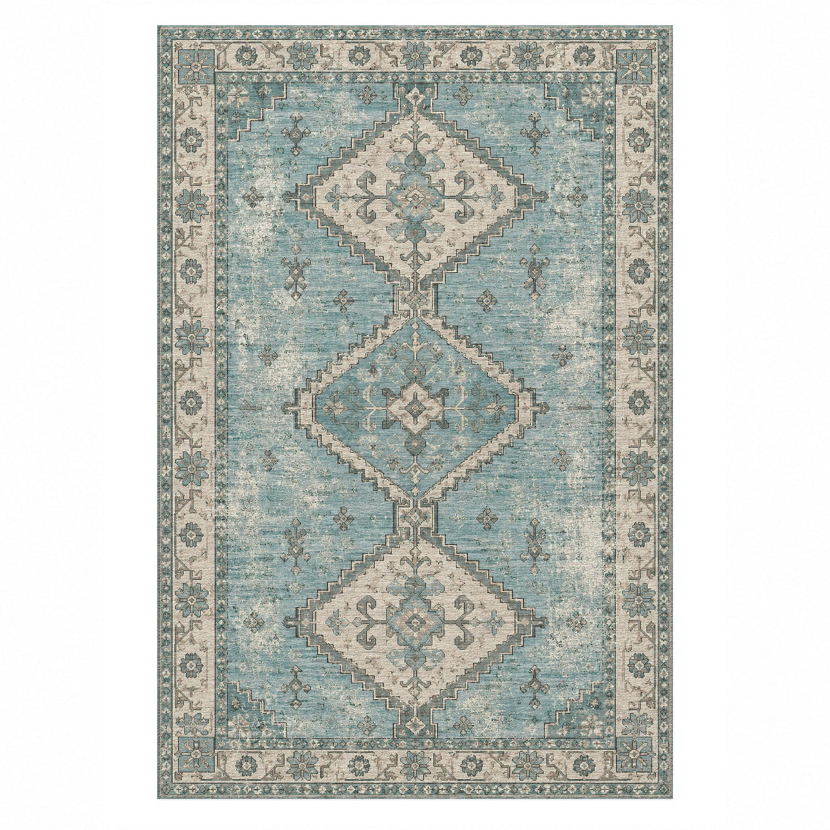 Caravan Fragments Turquoise Blue Vintage Washable Rug — top view