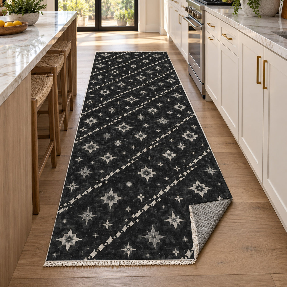 Caravan Stars Charcoal Ethnic Washable Rug — new york kitchen runner