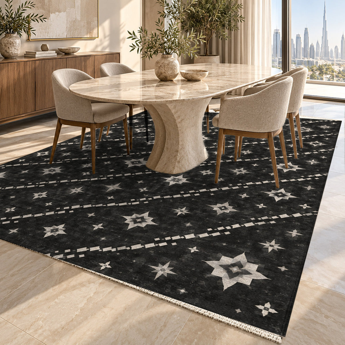 Caravan Stars Charcoal Ethnic Washable Rug — dubai dining