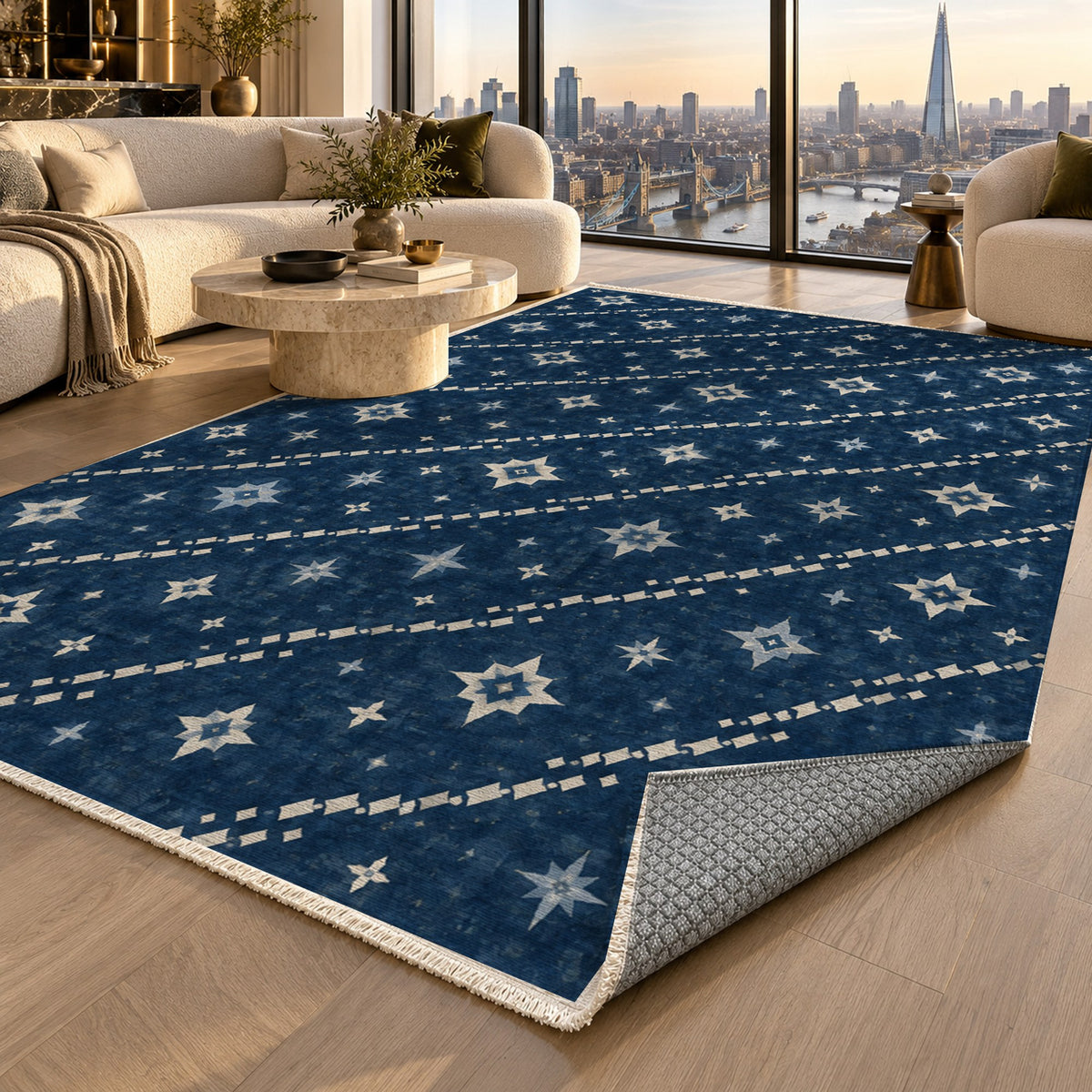 Caravan Stars Indigo Ethnic Washable Rug — london luxury living