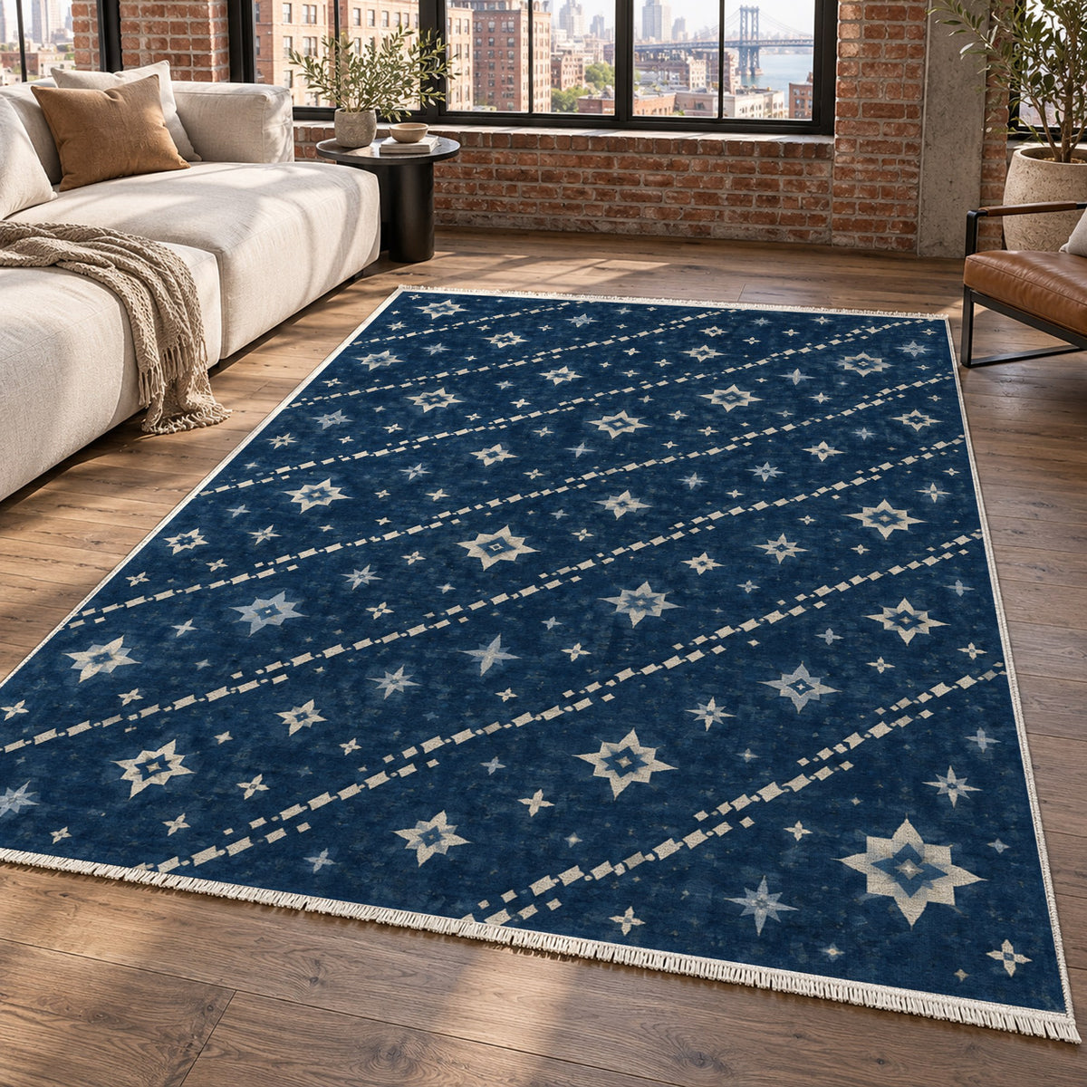 Caravan Stars Indigo Ethnic Washable Rug — new york living