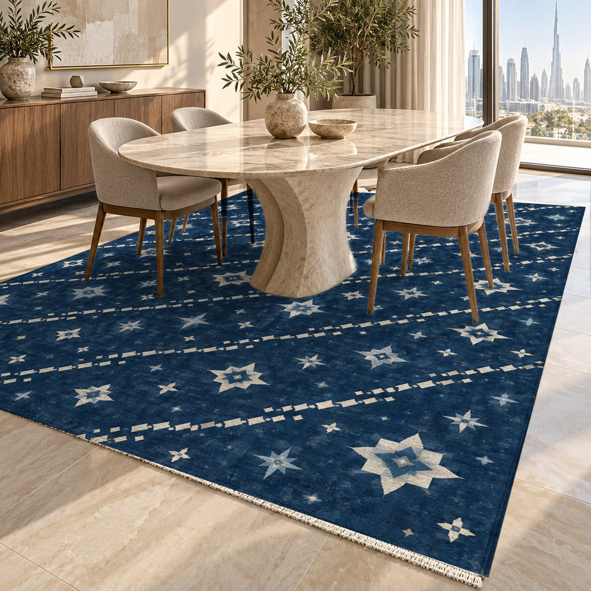 Caravan Stars Indigo Ethnic Washable Rug — dubai dining