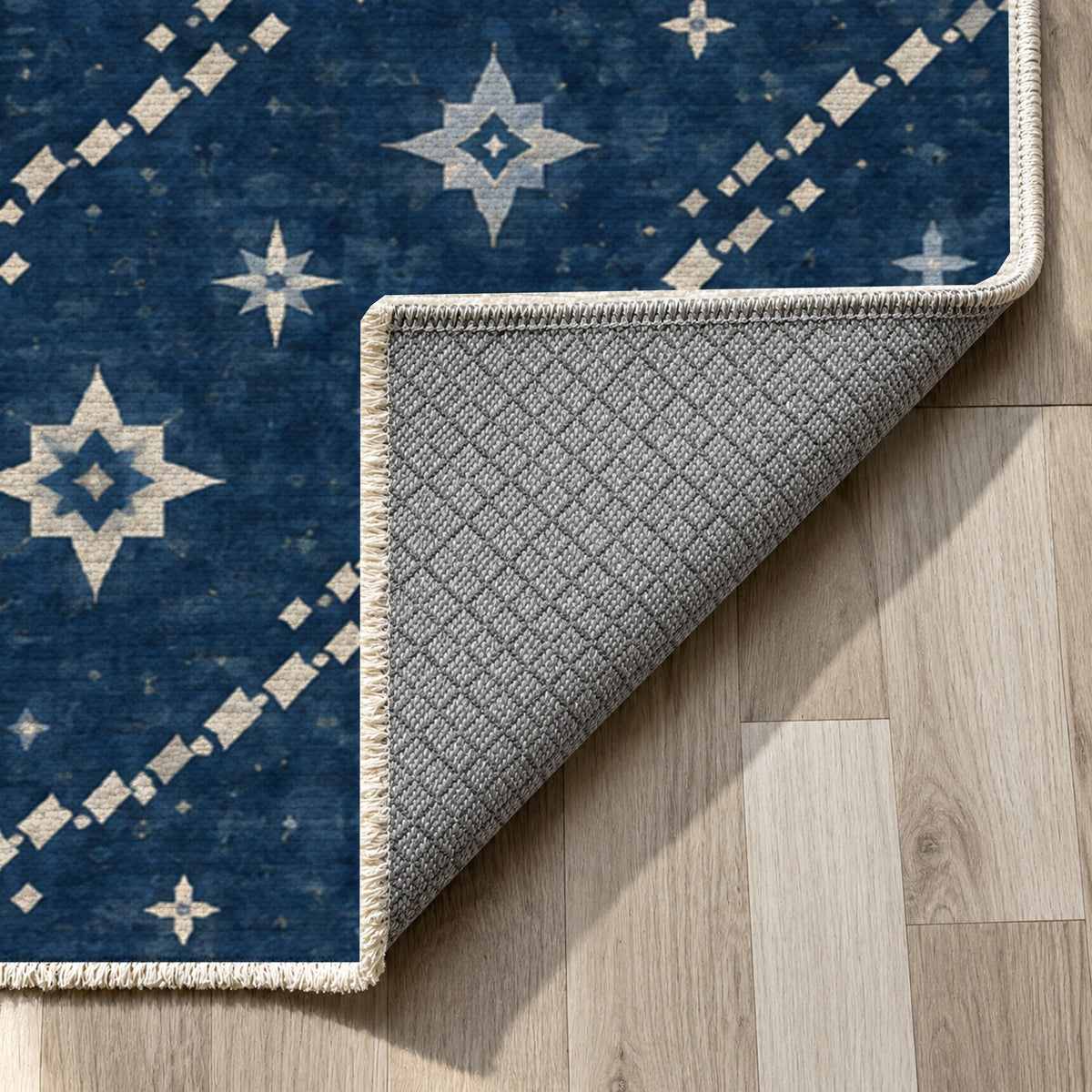 Caravan Stars Indigo Ethnic Washable Rug — backing close up
