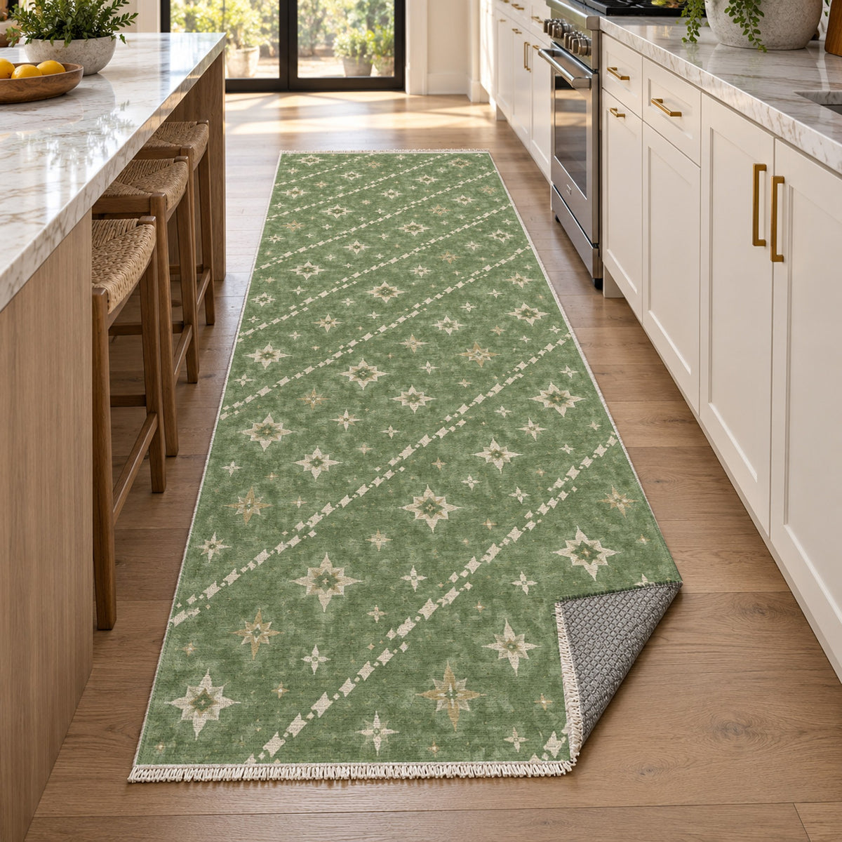 Caravan Stars Sage Ethnic Washable Rug — new york kitchen runner