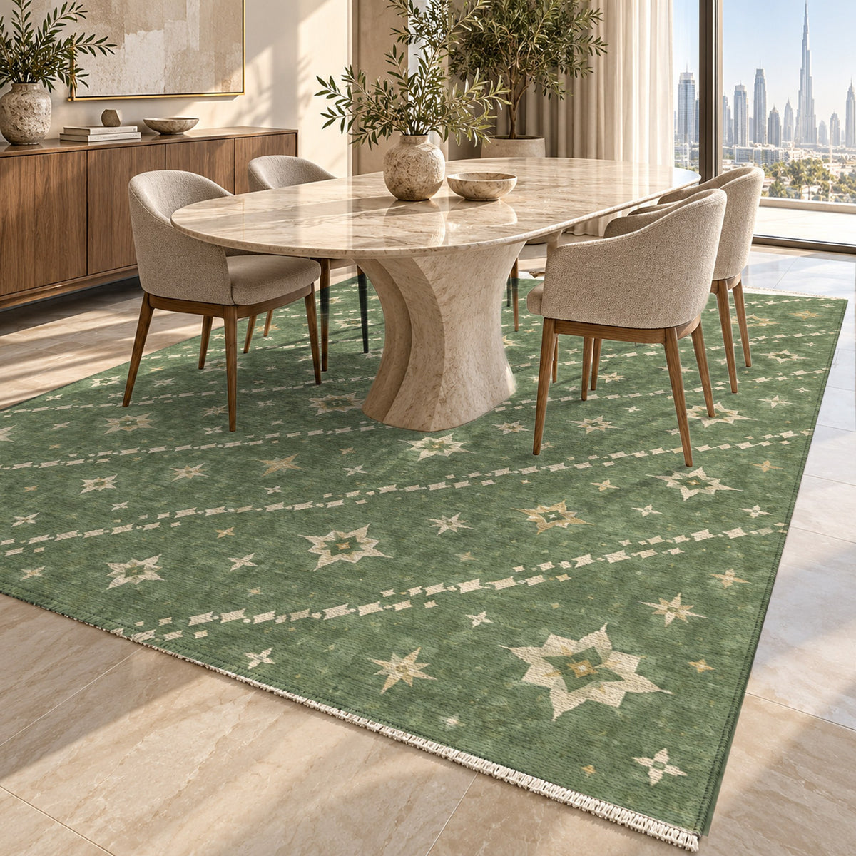 Caravan Stars Sage Ethnic Washable Rug — dubai dining