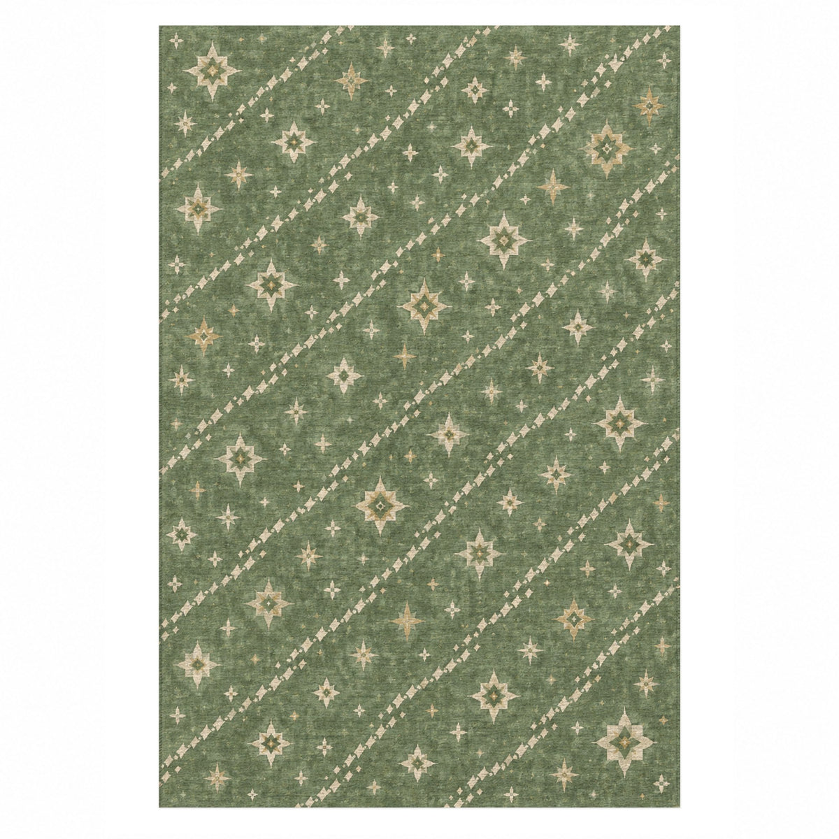 Caravan Stars Sage Ethnic Washable Rug — top view